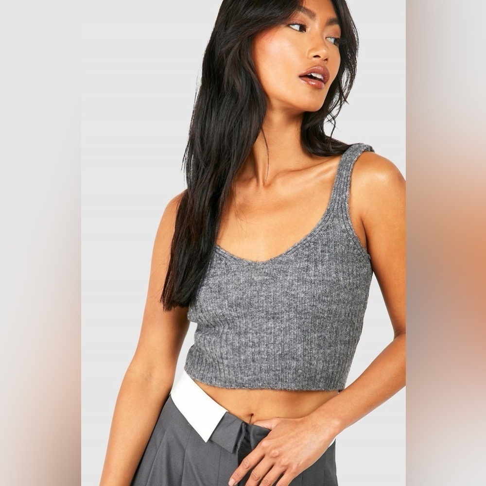 J.O.A. Wool Blend Ribbed Knit Grey Crop Top Sweater | Size Medium M